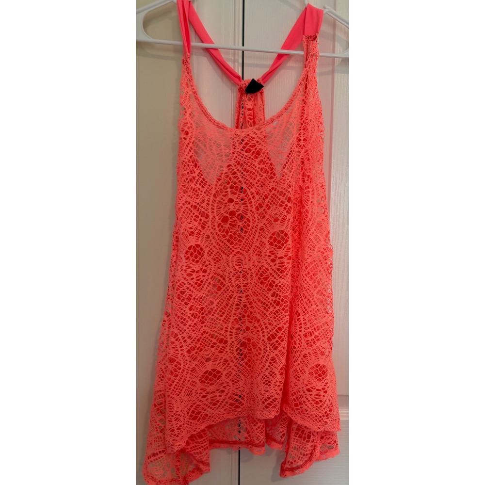 Hurley Neon Coral Pink Crochet Lace Beach Cover‎ Up Dress XS Racerback Summer